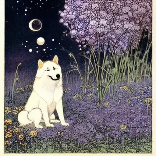 Image similar to an akita inu sitting in a moonlit field of flowers, by warwick goble and kay nielsen