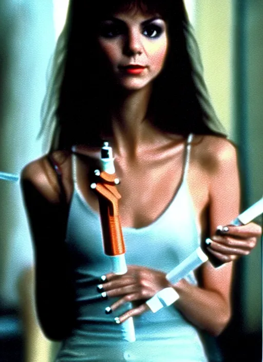 Image similar to 1986 film still from an Italian drama film of a Victoria Justice as the goddess of syringe needles . ultra detailed painting at 16K resolution and amazingly epic visuals. epically beautiful image. amazing effect, image looks gorgeously crisp as far as it's visual fidelity goes, absolutely outstanding. vivid clarity. ultra. iridescent. mind-breaking. mega-beautiful pencil shadowing. beautiful face. Ultra High Definition. godly shading. amazingly crisp sharpness. photorealistic film cel processed twice..