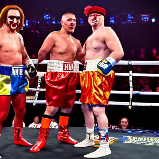 Prompt: clowns boxing matching, clowns, clowns boxing, hbo showtime boxing