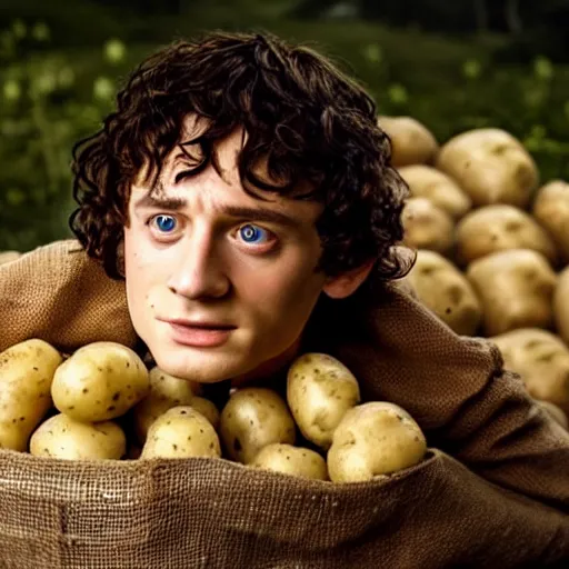 Prompt: frodo from lord of the rings in a burlap sack of potatoes surrounded by potatoes, potatoes, photography, realistic, mid shot, in the shire, cinematic lighting