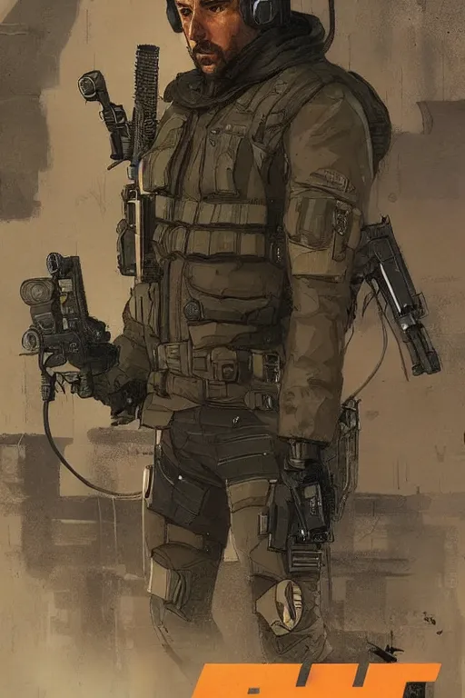 Image similar to Javier. smug blackops mercenary in tactical gear and cyberpunk headset. Blade Runner 2049. concept art by James Gurney and Mœbius.