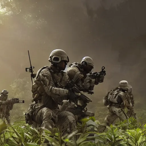 Image similar to Mercenary Special Forces soldiers in light grey uniforms with black armored vest and helmet defending a crashed helicopter in the jungles of Tanoa, combat photography by Feng Zhu, highly detailed, excellent composition, cinematic concept art, dramatic lighting, trending on ArtStation