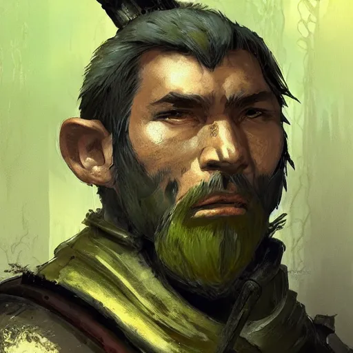 Image similar to a medieval hunter man with japanese ethnicity and stubble, chartreuse color scheme, fantasy character portrait by craig mullins