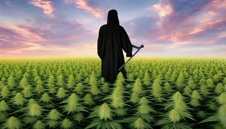 Image similar to the grim reaper walking in a cannabis field, sunset, global illumination, hyper - realistic, insanely detailed and intricate, cinematic, 8 k