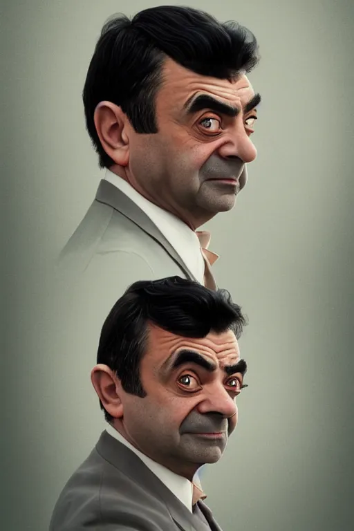 Prompt: upper body portrait of a hulking herculean chiseled mr bean rowan atkinson, cinematic lighting, photorealistic, octane render, 8 k, depth of field, 3 d, art by artgerm and greg rutkowski and alphonse mucha and uang guangjian and gil elvgren and sachin ten