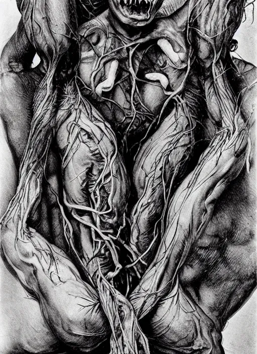 Image similar to stunning bernie wrightson photograph of experimental surgery of a man sewn together to another man with multiple heads multiple arms grotesque twisted vein covered splotchy skin of despair, painful merging of bodies disgusted siamese horror conjoined psychotic painful people award winning style photography