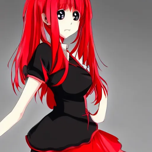 Prompt: cute anime girl with red hair, angry facial expression, in red dress