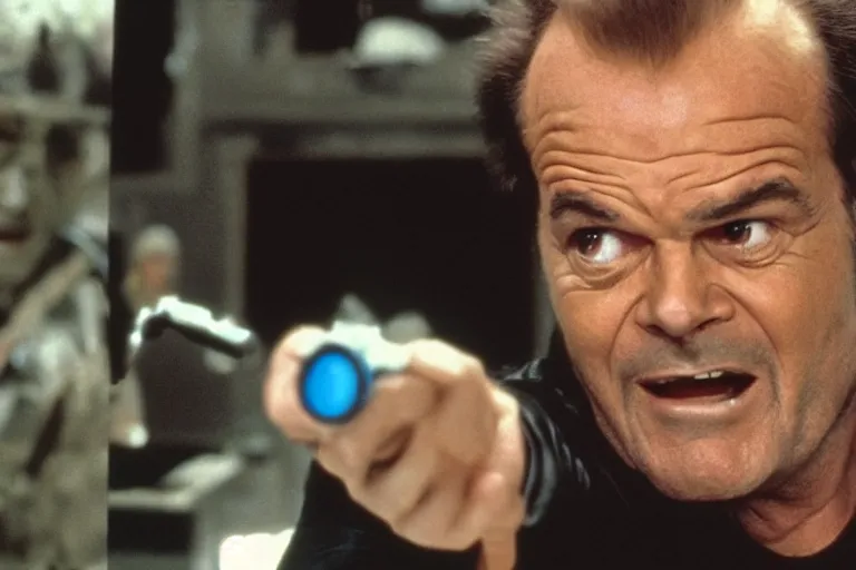 Image similar to Jack Nicholson plays Pikachu Terminator, action scene where he shoots from his gameboy