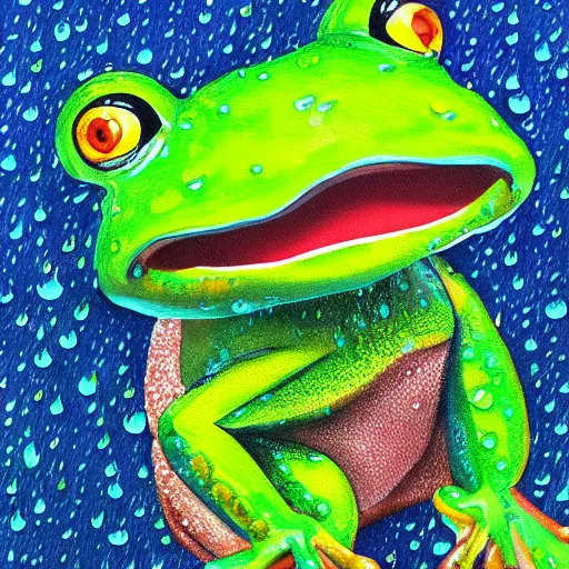 Image similar to a painting of a happy frog under the rain wearing a rainy coat by kazuo oga