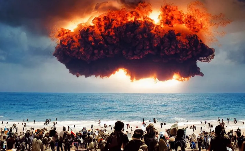 Image similar to sunny day ocean big explosion on the horizon and crowd watching war apocalyptic photorealistic