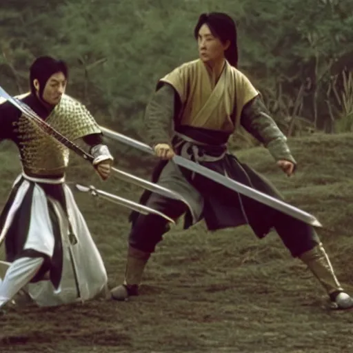 Prompt: xianxia fantasy, wuxia, xuanhuan martial artist fighting european knight, chinese swordsman fighting medieval european swordsman, fantasy, wuxia, pseudo - medieval fantasy, cinematic, 1 9 8 6 movie screenshot, french swordsman fighting chinese swordsman