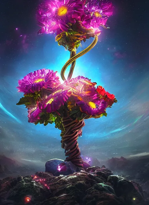 Image similar to An epic fantastic realism comic book style painting of the most beautiful entwined flowers launched across the dark galactic night sky, nebulous bouquets, fisheye lens, unreal 5, DAZ, hyperrealistic, octane render, dynamic lighting