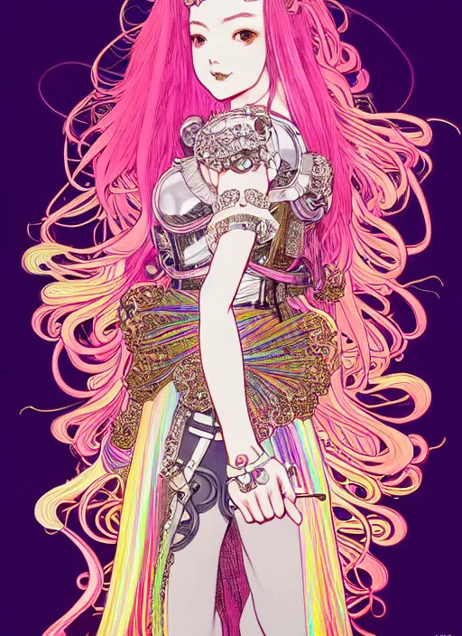 Prompt: highly detailed terada katsuya artgerm artstation rainbow reflection minaba hideo manga poster of princess mechine, long hair, armor, dress, laces, ruffles, 8 k, fluorescent, maximalist, jump comics, tomer hanuka, alphonse mucha