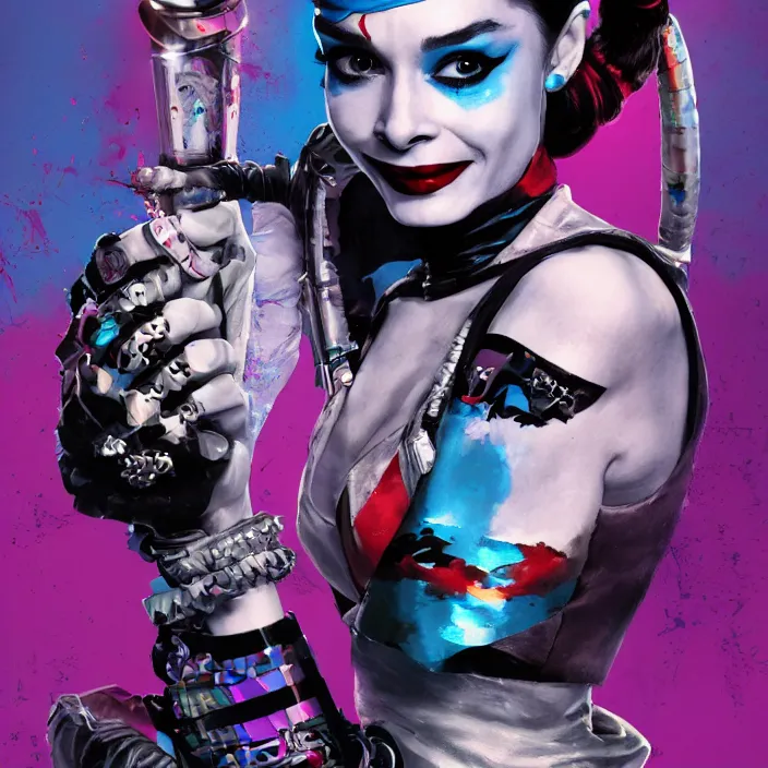 Image similar to portrait of Audrey Hepburn as a harley quinn in Suicide Squad. intricate abstract. intricate artwork. by Tooth Wu, wlop, beeple, dan mumford. octane render, trending on artstation, greg rutkowski very coherent symmetrical artwork. cinematic, hyper realism, high detail, octane render, 8k, iridescent accents