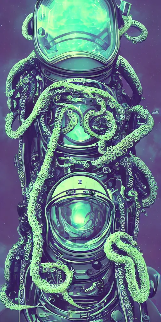 Image similar to eldritch astronaut with tentacles, retrofuturism, atompunk, dynamic composition, dramatic lighting, hyperrealistic, ultra detailed, nitro colors