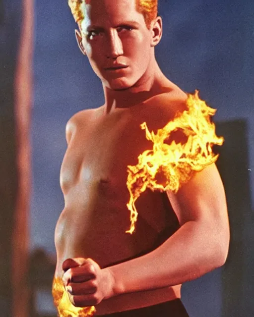 Prompt: Young Paul Newman starring as Johnny Storm, The Human Torch from The Fantastic Four Movie, Color, Modern