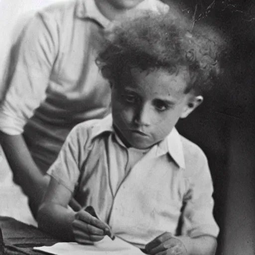 Prompt: Young Child Albert Einstein making a crayon drawing of plans for atomic bomb