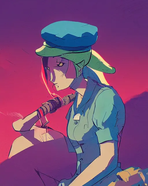 Image similar to girl with beret smoking a cigarette, colored manga panel, drawn by Anton Fadeev