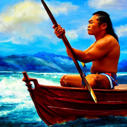 Image similar to a pacific islander warrior on a boat painting, 4 k, hyper realistic, dslr, high resolution, landscape, beautiful