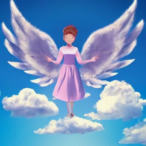 Image similar to bright blu sky. fluffy clouds. angels with big wings wake - up