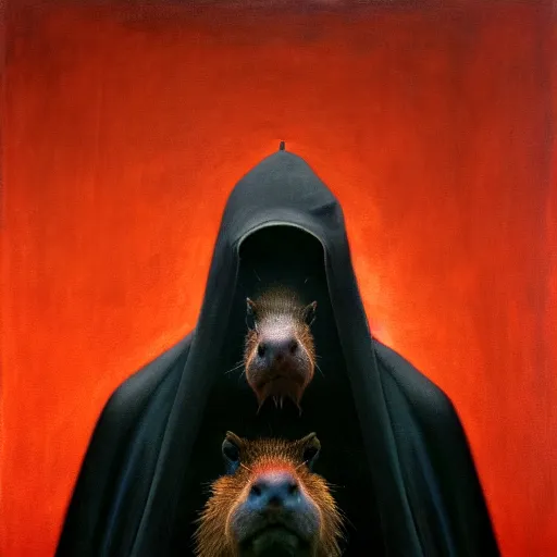 Image similar to a portrait of a capybara wearing a black hood, cloak covering face, anatomically correct, beautiful perfect face, enigmatic, oil painting, matte, black background, volumetric dynamic lighting, highly detailed, cinematic lighting, unreal engine, 8 k, hd, by beksinski