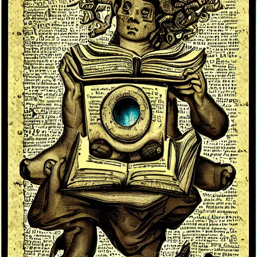 Prompt: depiction of artificial intelligence in grimoire, neural networks, vintage look, weathered pages, spells, demons, high detail,