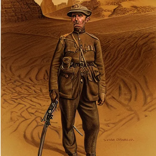 Image similar to a detailed photorealistic sepia - toned color line drawing of a 1 9 1 7 worried clean - shaven british lieutenant in detailed field gear not wearing a hat in wadi rum, ultra realistic, painted, intricate details, lovecraft, atmospheric, dark, horror, brooding, highly detailed, by clyde caldwell