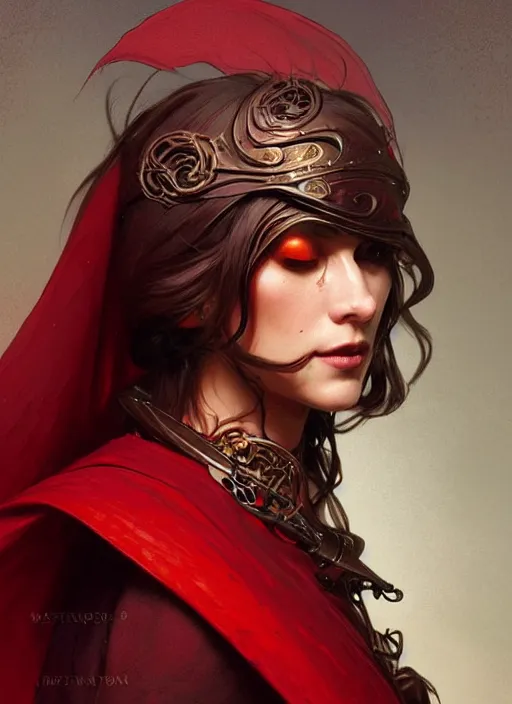 Image similar to person with no eyes wearing a dark red cape, fantasy, medieval wear, intricate, elegant, highly detailed, digital painting, artstation, concept art, smooth, sharp focus, illustration, art by artgerm and greg rutkowski, reimagined by alphonse mucha