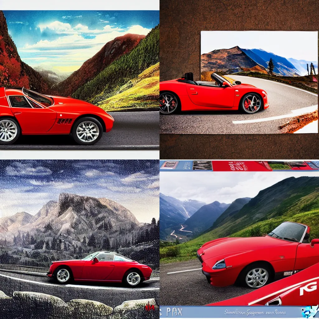Prompt: a red sports car driving down a mountain road, a jigsaw puzzle by werner andermatt, featured on cg society, neoclassicism, outrun, ultra detailed, high contrast