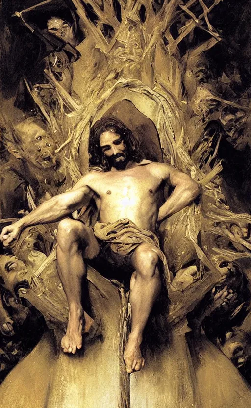 Image similar to jesus christ wearing blindfold!!!!! sitting on a huge!!!! throne of entwined bodies, elegant, ominous, highly detailed painting by goya!!! phil hale!! gaston bussiere, craig mullins, j. c. leyendecker, 8 k, mid shot