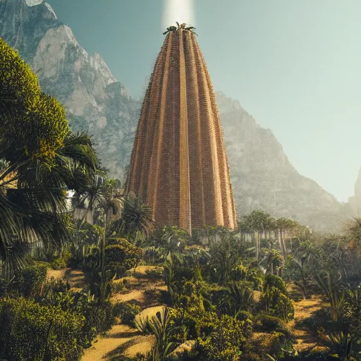 Prompt: photo of vertical golden tower, stacked ancient village, arid mountains and lush palm forest, photo realism, sharp focus, octane