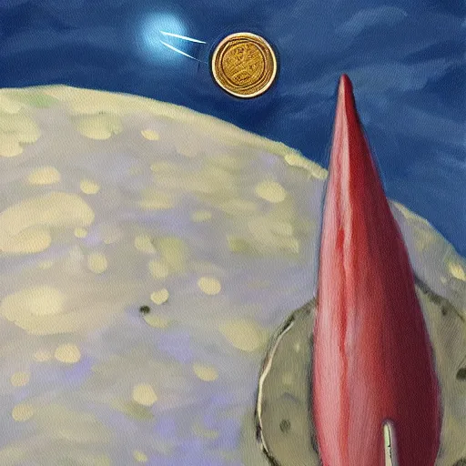 Image similar to a painting of a giant coin landing like a rocket on the surface of the moon