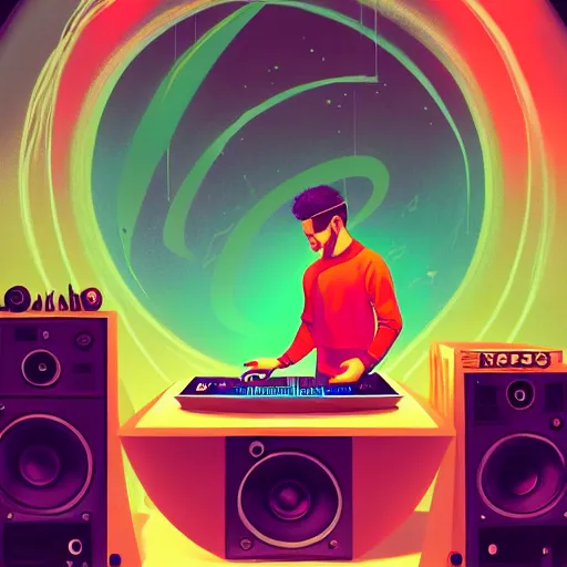 Image similar to a dj creating disco music in an underground lab, surrounded by large retro speakers, digital painting, artstation, ristan eaton, victo ngai, artgerm, rhads, ross draws, anime styled, hd, 4 k