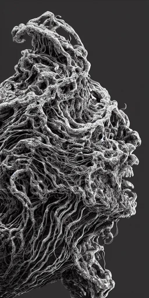 Image similar to a photorealistic render of a topographic sculpture made of melted metal and bioluminescent beings on a black background, c 4 d, by zhelong xu ouchh studio and ernst haeckel, wide angle, hyper realistic, plain black background, 8 k, volumetric lightning, octane render