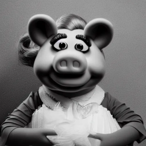 Prompt: professional black and white portrait photography of miss piggy, stunning, 4 k