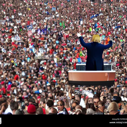 Prompt: enoumous crowd of millions of people, everyone is laughing and pointing at donald trump on a podium. he is not wearing pants and his legs are visible. style of salvador dali.