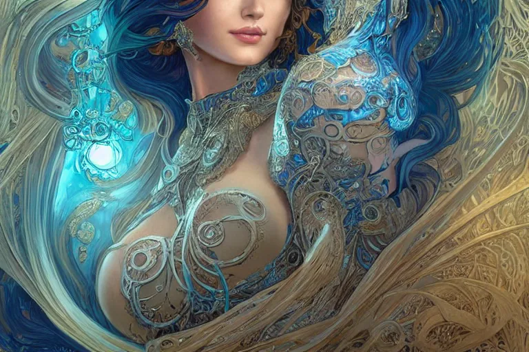 Prompt: a pretty woman with glowing blue eyes and hair made of liquid metal surrounded by an environment designed by Joe Fenton, fog, volumetric lighting, intricate, elegant, highly detailed, digital painting, artstation, concept art, smooth, sharp focus, art nouveau, art by artgerm and raymond swanland and alphonse mucha