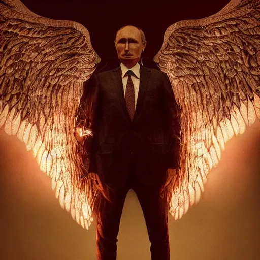 Image similar to putin mixed with rat, art by alessio albi 8 k ultra realistic, angel wings, lens flare, atmosphere, glow, detailed, intricate, full of colour, led lighting, trending on artstation, 4 k, hyperrealistic, focused, extreme details, unreal engine 5, masterpiece