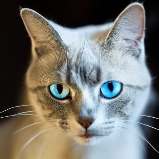 Image similar to a cat with a half white half gray nose with white whiskers and light blue eyes