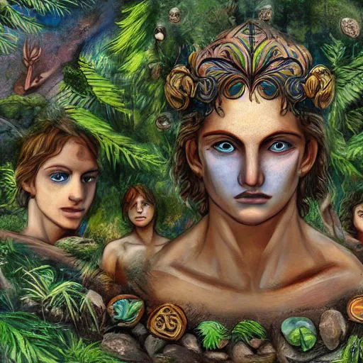 Prompt: greek gods, in forest, three eyed, wide wide shot, feet in water, colors, eyes in forehead, ground very detailed, wet eyes reflecting into eyes reflecting into infinity, beautiful lighting