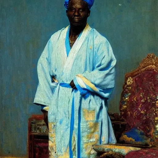 Prompt: king of dahomey in blue robes, 1905, highly detailed, oil on canvas, by ilya repin