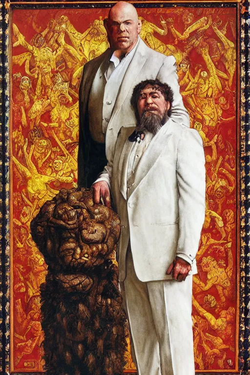 Prompt: full length portrait of morgan aste as a hugel gangster wearing a white suit beside a smaller man by lawrence alma tadema and zdzislaw beksinski and norman rockwell and jack kirby and tom lovell and greg staples