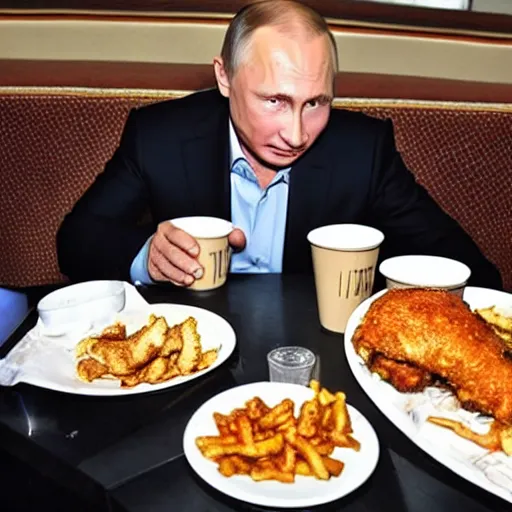 Image similar to Vladimir Putin enjoying dixie chicken after a long party, photo, iphone, camera