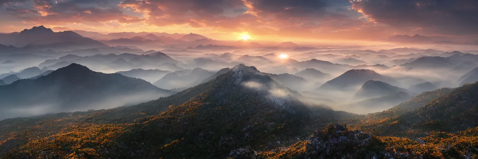 Image similar to a high mountain peak overlooks a misty mountainous landscape at sunset, 4k digital art, trending on artstation, golden hour, beautiful lighting