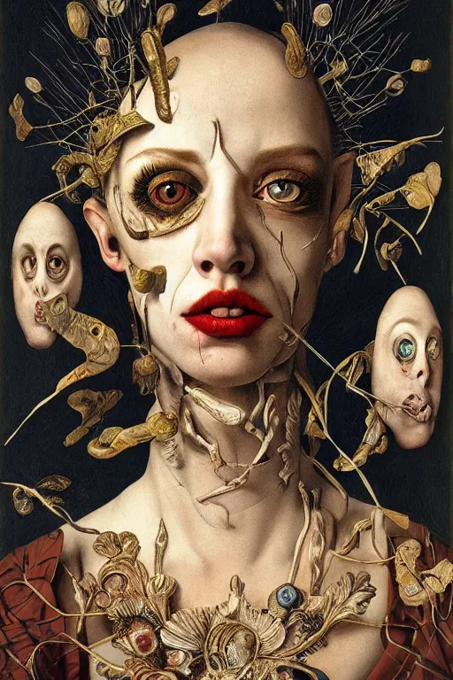 Image similar to Detailed maximalist portrait with large lips and with large wide eyes, surprised expression, extra flesh and eyes, HD mixed media, 3D collage, highly detailed and intricate, surreal illustration in the golden ratio, in the style of Caravaggio, dark art, baroque