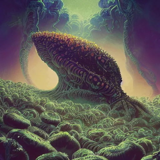 Prompt: highly detailed illustration of a nausicaa alien cephalopod in a world overgrown with fungus and spores, diffuse lighting, fog, stunning atmosphere, religious imagery, huge gargantuan black sun, muted colors, by kilian eng and james jean