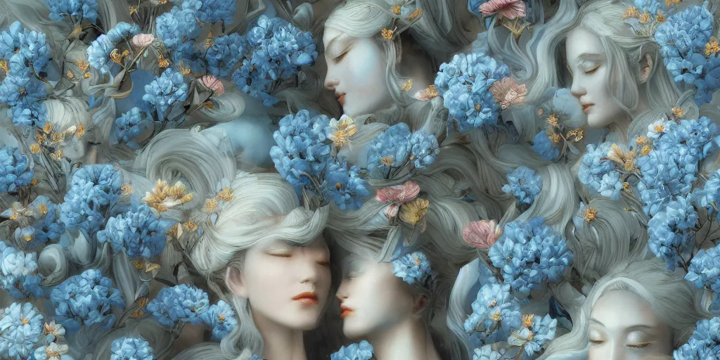 Image similar to breathtaking detailed concept art painting art deco pattern of blonde faces goddesses amalmation light - blue flowers with anxious piercing eyes and blend of flowers and birds, by hsiao - ron cheng and john james audubon, bizarre compositions, exquisite detail, extremely moody lighting, 8 k