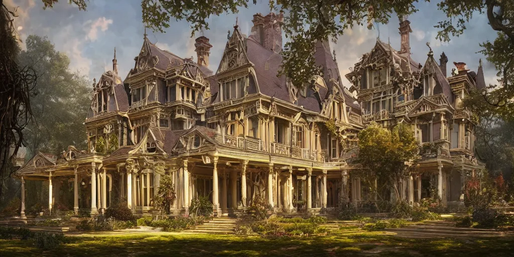 Image similar to a late Victorian mansion surrounded by beautiful gardens, view from ground level, intricate, elegant, highly detailed, ornate, beautifully lit, ray traced, octane render by Peter Mohrbacher and Peter Gric