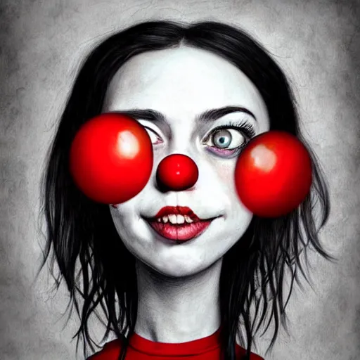 Prompt: surrealism grunge cartoon portrait sketch of billie eilish with a wide smile and a red balloon by - michael karcz, loony toons style, clown style, horror theme, detailed, elegant, intricate