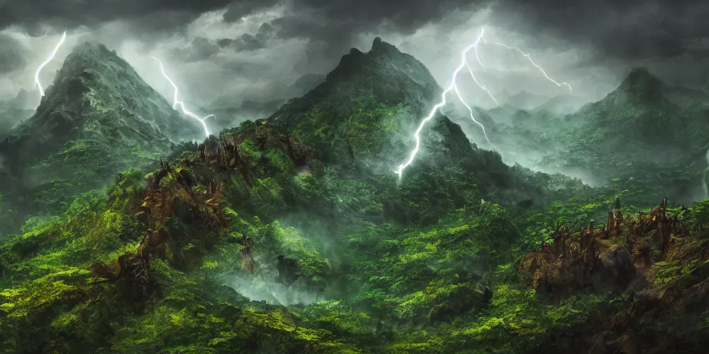 Image similar to boundary of two lands, green wild jungle vs dark mountain with lava, magic and lightning, epic, fantasy, D&D, intricate, upper body, highly detailed, sharp focus, cinematic lighting